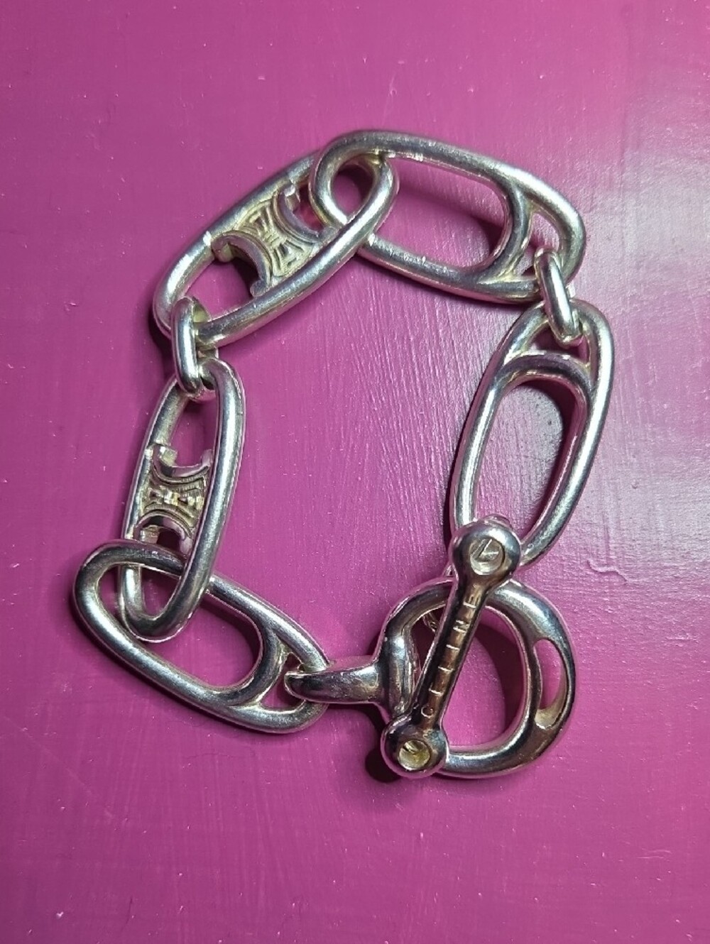 Rare Vintage Celine Triomphe Solid Sterling Silver Toggle Bracelet